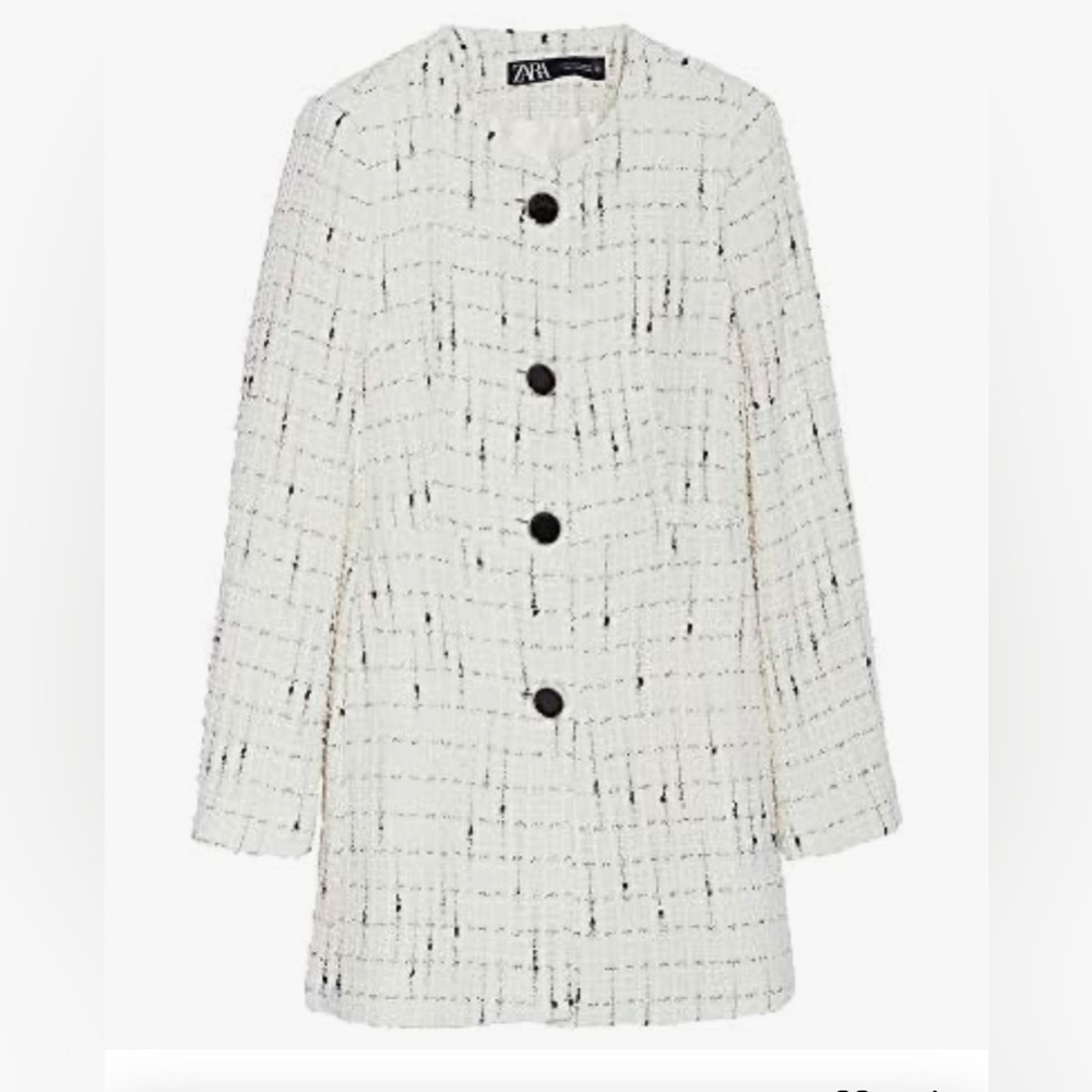 Zara White Tweed Blazer with Black Buttons